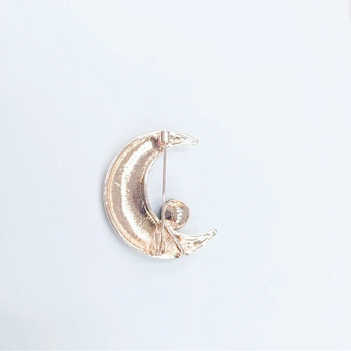 Elegant Lady Accessories Full Diamond Crescent Moon Shape Fresh Water Pearl Brooch