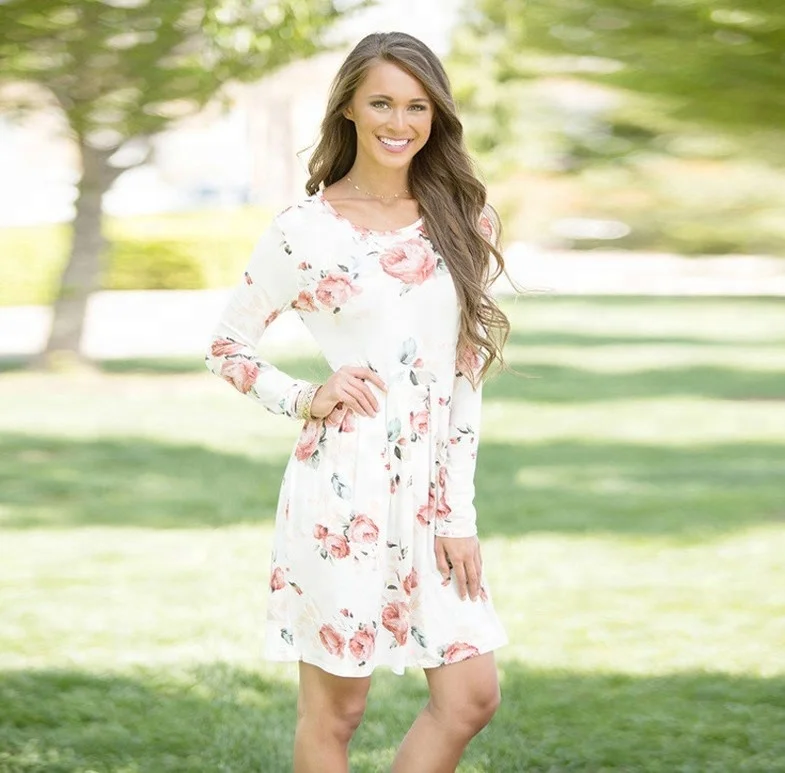 Wholesale autumn hot sale  long sleeve floral printed tunic drape t-shirt dresses for women