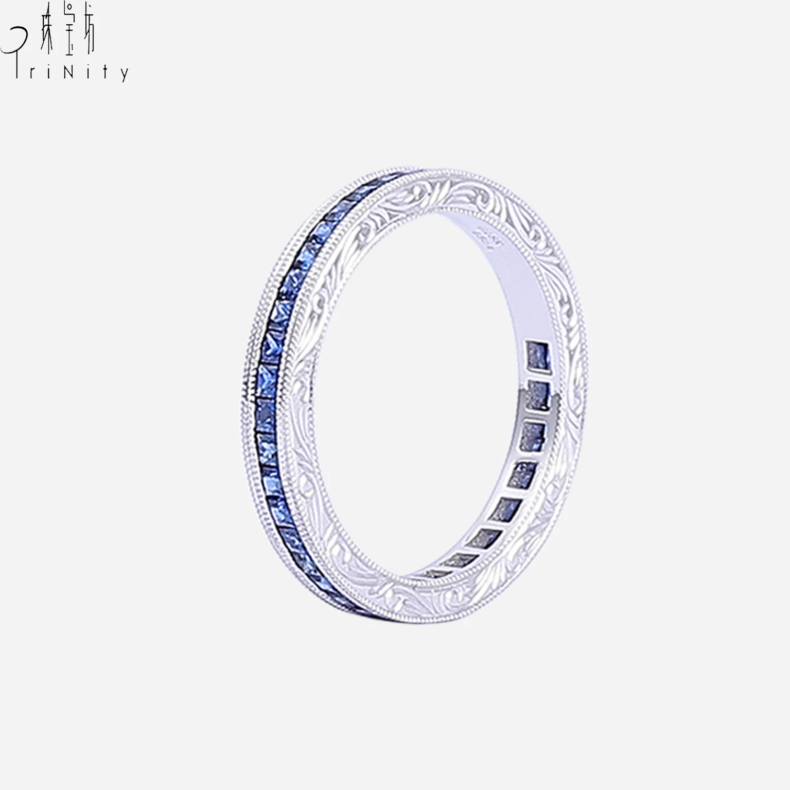 Natural Stone Luxury Jewelry 18K White Gold Eternity Band Ring Princess Cut Sapphire Bague For Ladies