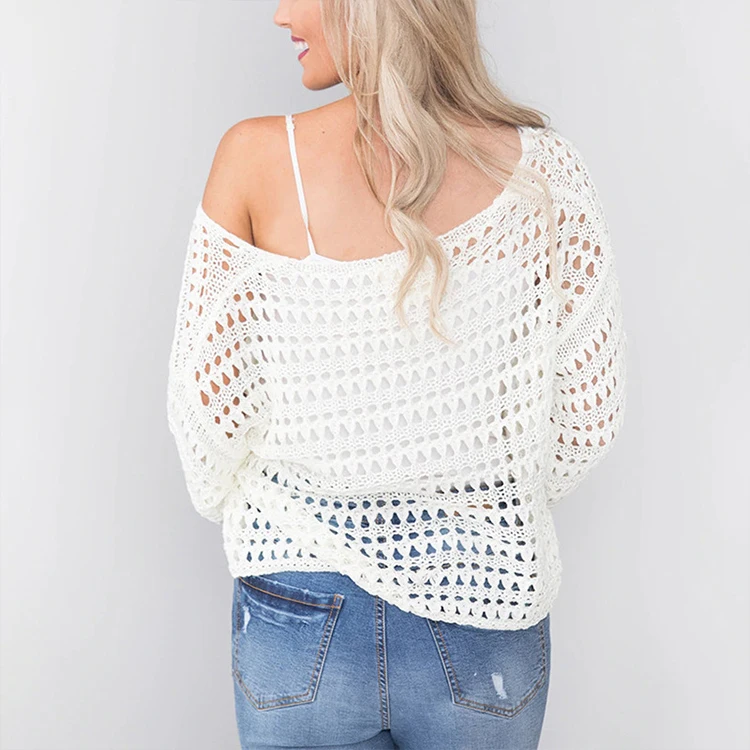 
Factory outlet ladies summer loose long sleeve crochet mesh hollow out top sexy sweater pullover 