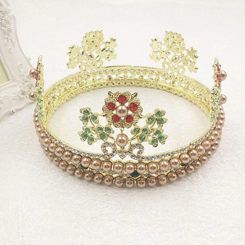
European style luxury large round queen crown tiaras with pearl beads and earrings sets 