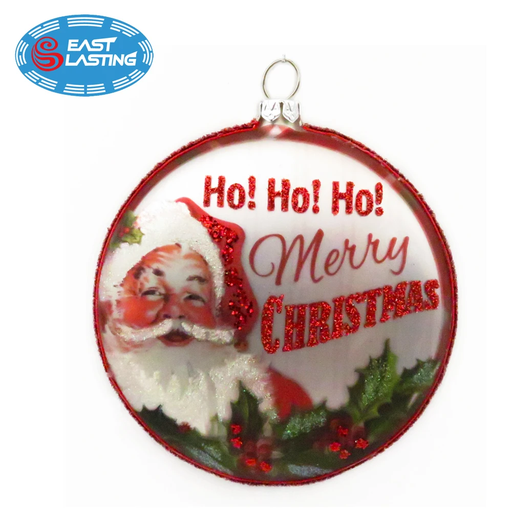 Santa Claus glitter filled glass Christmas ornament hanging glass flat ball