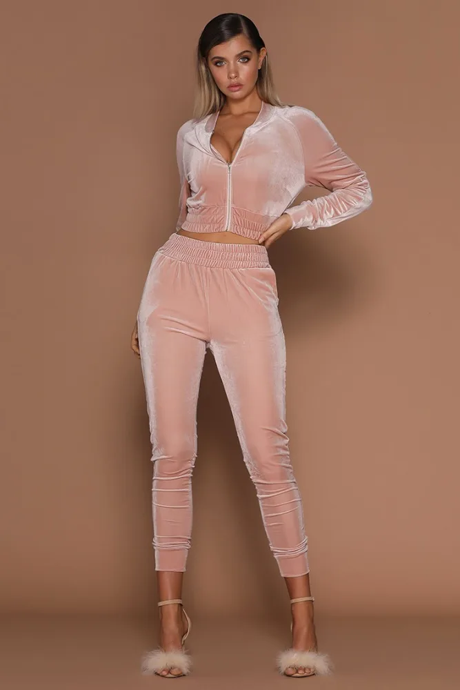 Wholesale latest design polyester plain velvet velour fitted womens tracksuit