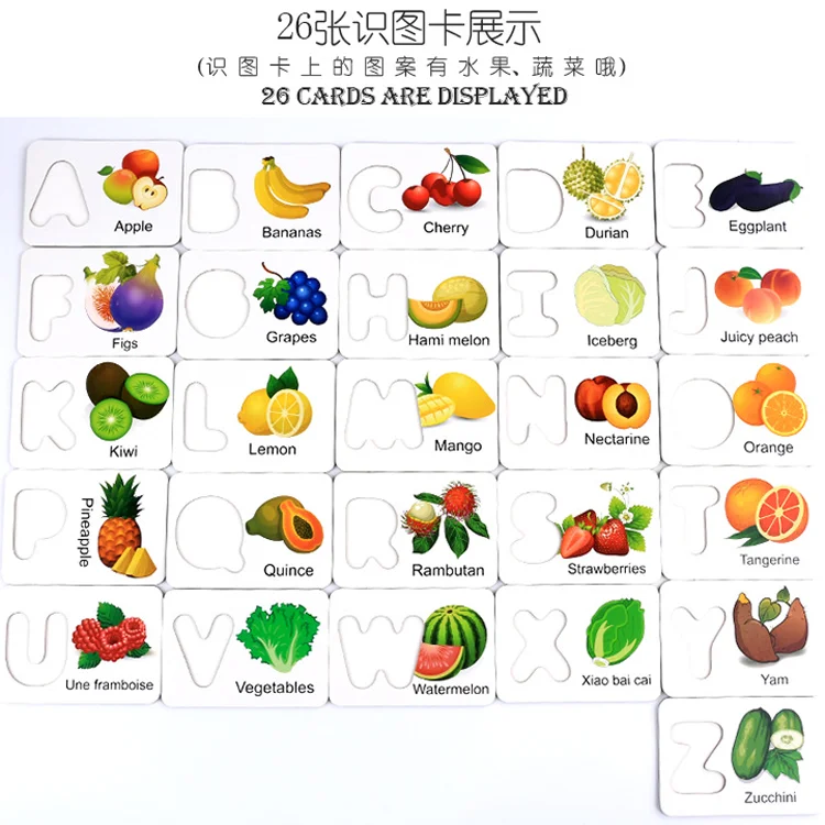 educational Montessori alphabet learning toy fruit design puzzle toy wooden letter card toys