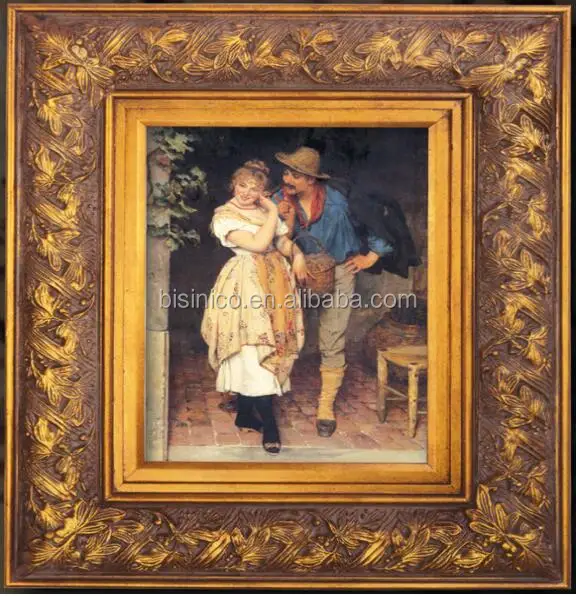 Antique Arts & Crafts Picture Frame Carved Giltwood Oil Painting, Home Decor Art