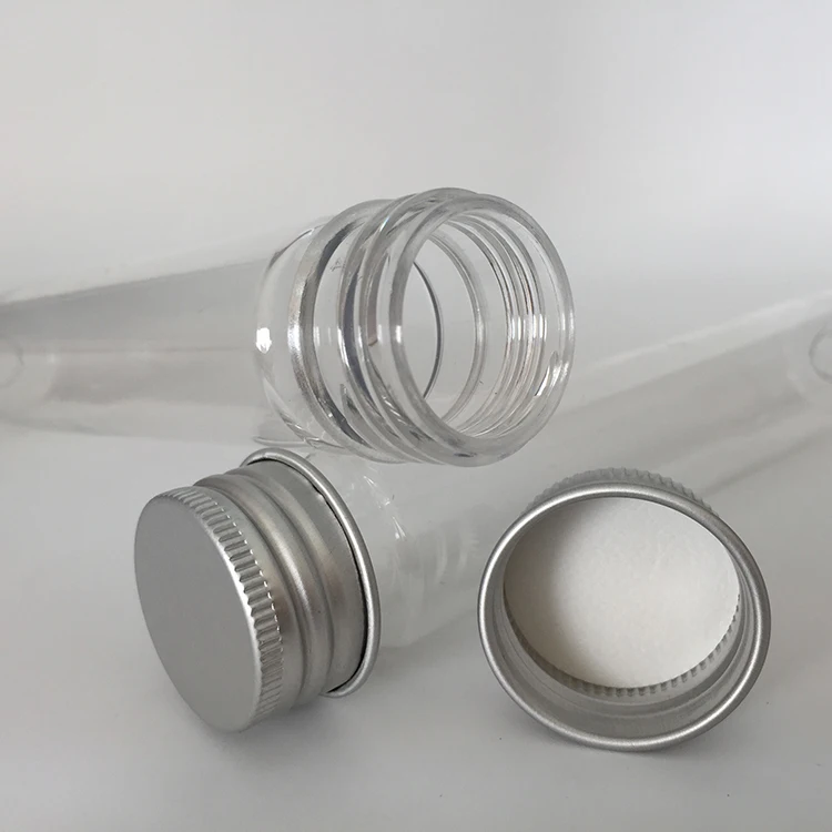 Customize flat bottom plastic PET 2 oz 65ml transparent test tube container with aluminum screw cap pressure sensitive seal