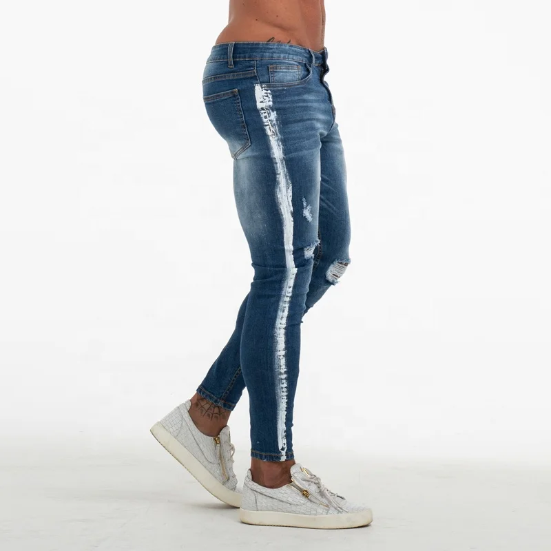 Gingtto New Arrival  Blue Ripped Damaged Mens Trousers Slim Fit Skinny Dropship Distressed Skinny Jeans Men