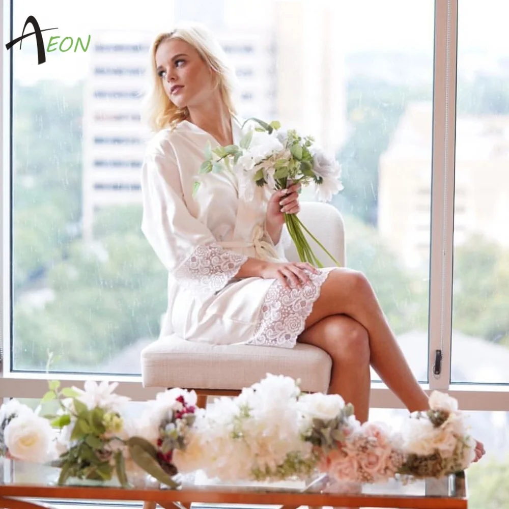 Bride Kimono Robe Soft Silk Blank Lace Robe For Wedding Party