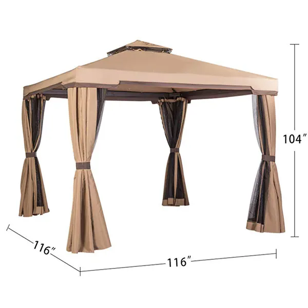 10x10FT Summer Brown Metal Top Gazebo with Mosquito Netting