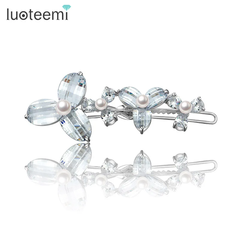 LUOTEEMI White Gold CZ Women Girl Bohemia Bridal Flower Orchid Hair Clip Hairpins Barrette Wedding Decoration Hair Accessories