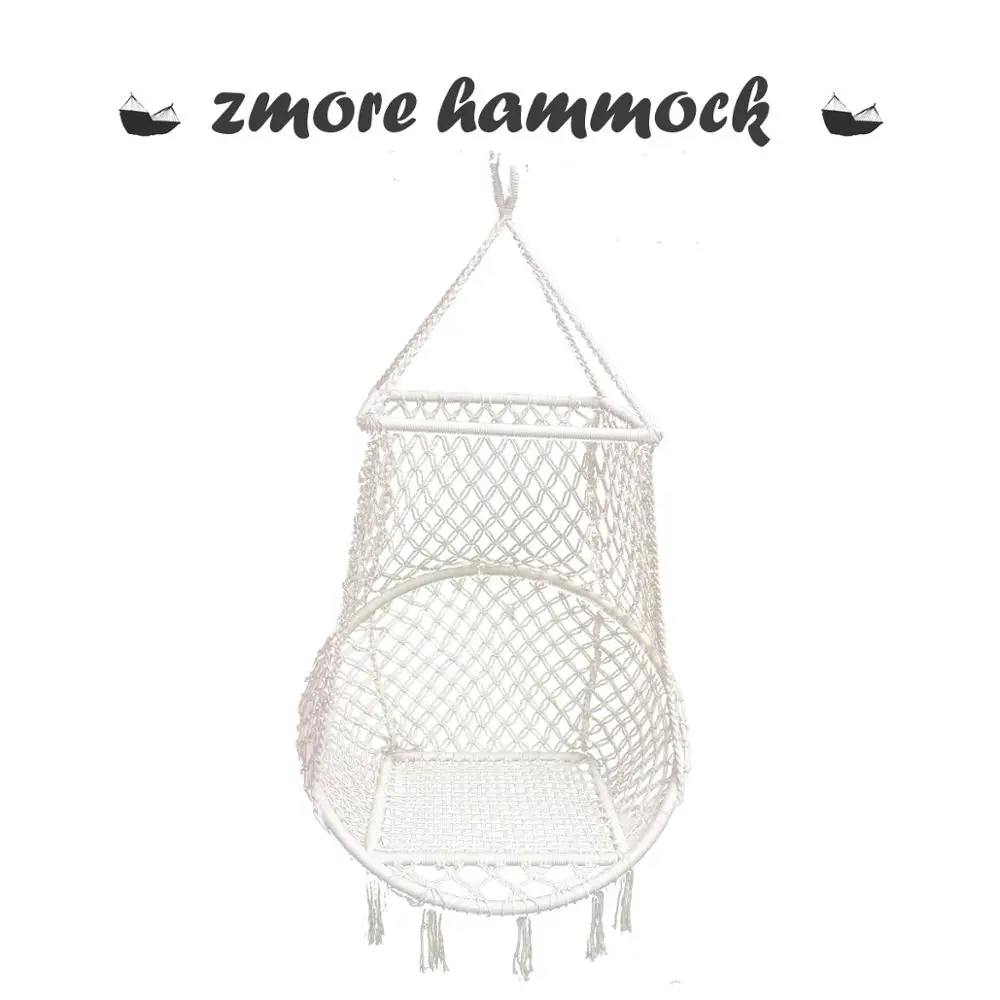 Luxury White Hammock Swing Chair Metal Frame Square Shape Beige Hanging Macrame Cocoon Swing