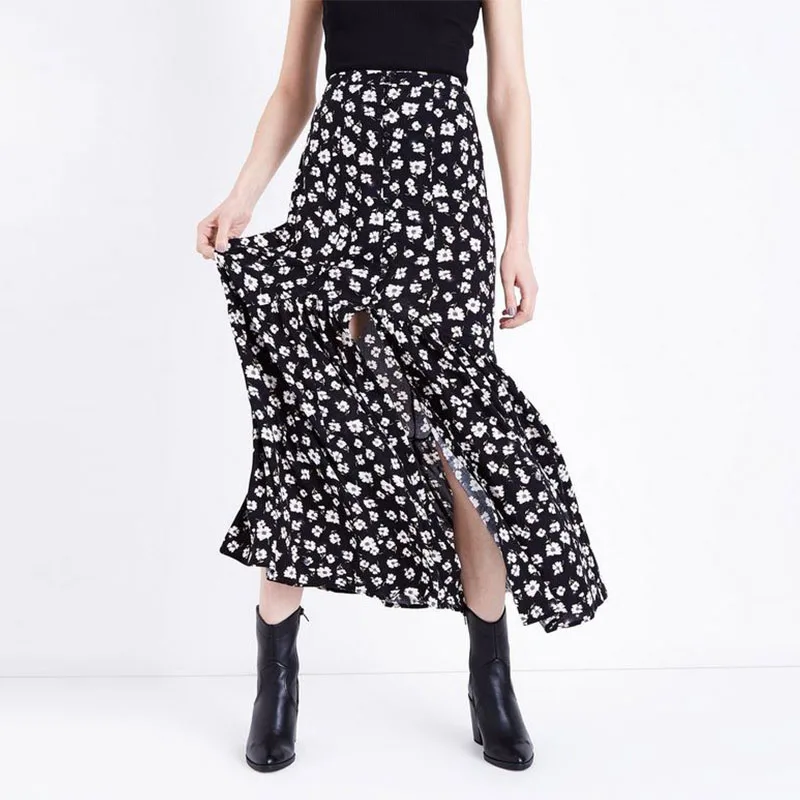 Custom Elegant Skirt for Women Summer Long Chiffon Skirt with Empire Side Slit Floral Maxi Skirt