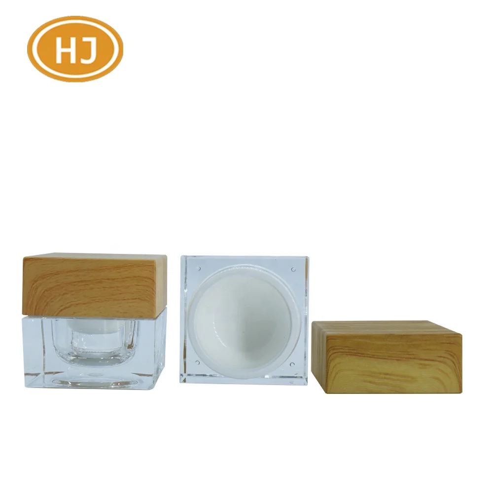 
15g Square Acrylic Cream Jar for Skin Care with Double Wall and Wood/Bamboo Pattern Lid 