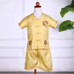 traditional Chinese clothing with kids tang suit boys summer  jacquard dragon kids clothing boys set