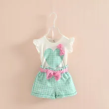 Baby Kids Girls Sleeveless Heart Bow Tops T-Shirt+Plaid Shorts Outfits Children Sets