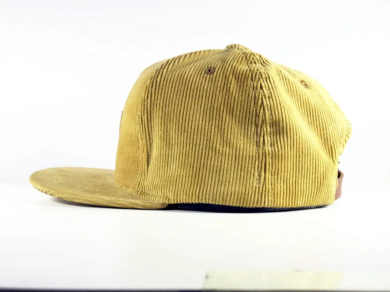 Vintage Corduroy Suede Flat Bill Brim Snapback Cap Hat Leather Patch Logo Hat Wholesale