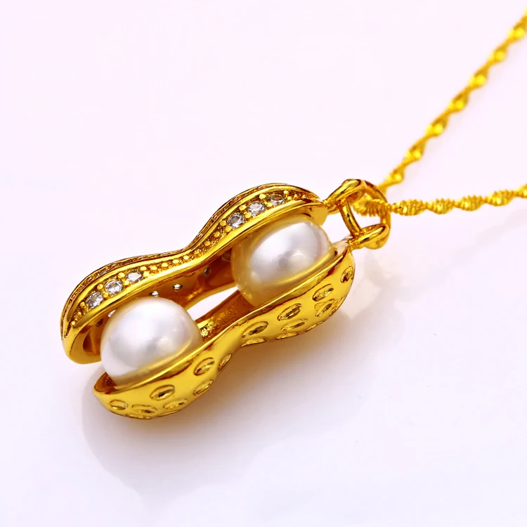 Xuping Pearl Necklace , Gold 24K Charm Necklace, Peanut Pendant Charm Necklace for Women
