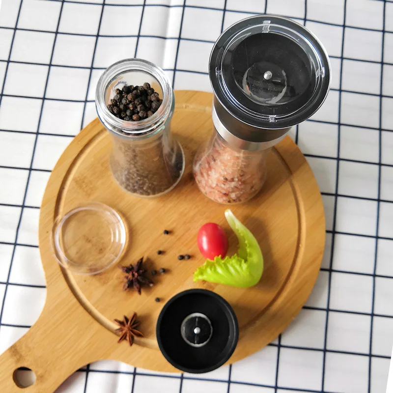 Pepper Mill with Adjustable Coarseness, Ceramic Pepper Grinder Refillable, Glass Spice & Sea Salt Shaker with Stand
