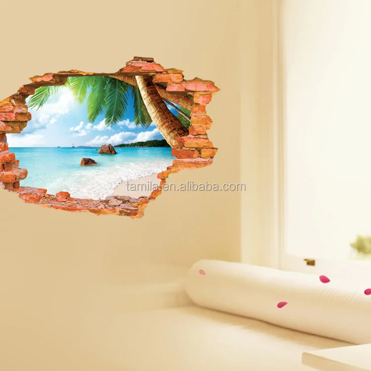 Window 3D Beach View Flowers Sea Wall Stickers art Mural Decal Wallpaper
