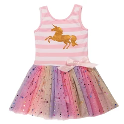 Popular Unicorn Dance Leotards Chiffon Skirt Sleeveless Ballet Leotards for Girls Dance Camisole Dress with Rainbow Color Summer