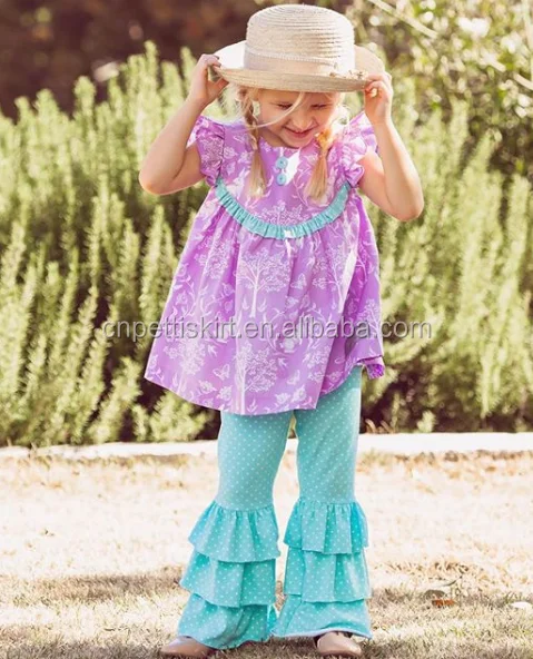 latest Easter day girl outfits bunny printing frock dress and ruffle pants best selling baby clothing set