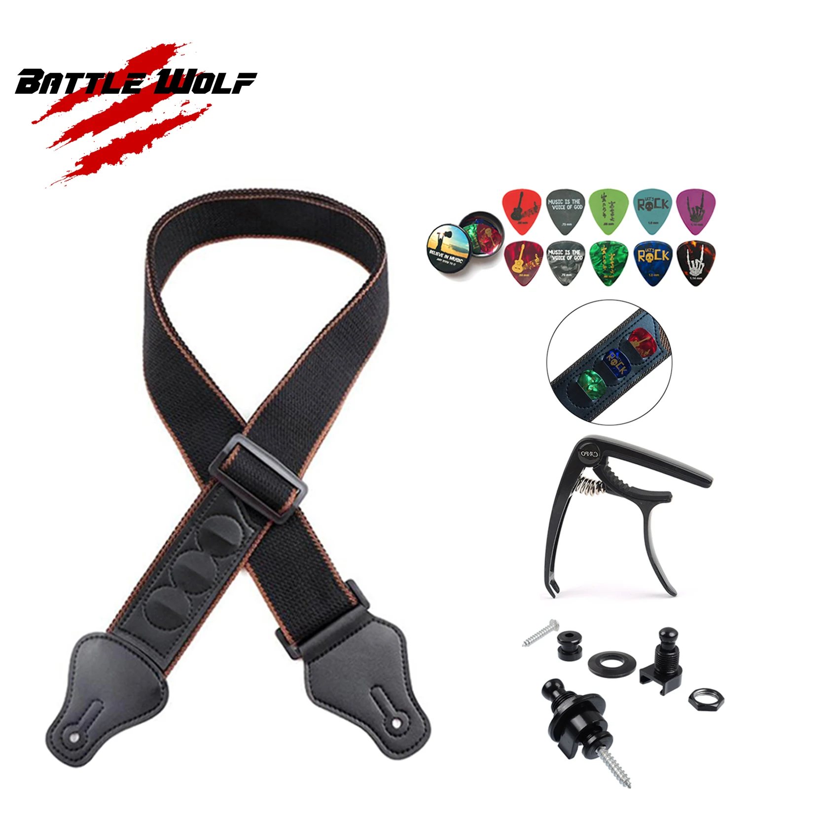 Wholesale Cotton Guitar Strap With Pick Holder Capo Strap Lock Guitar Accessories Picks Sets