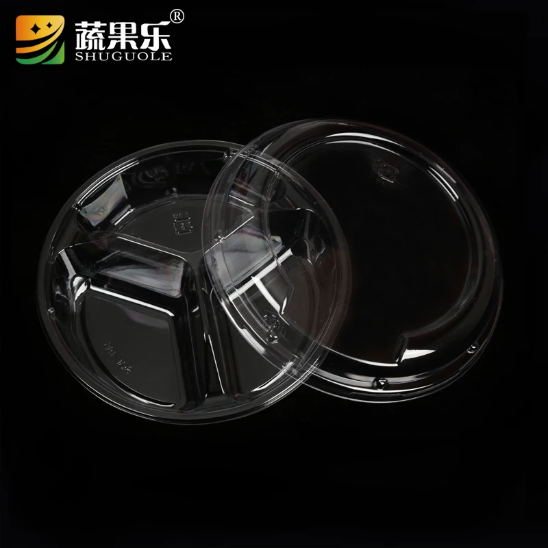 Vacuum Forming Plastic Salad Bowl With Dividers, Round Clear Takeaway Salad Container with 3 com