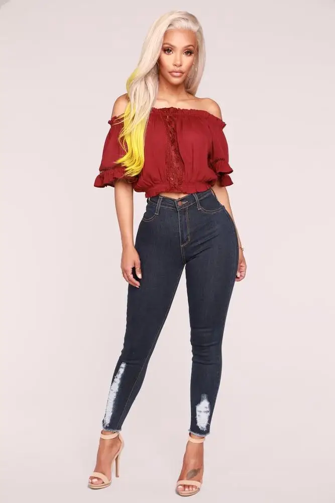 New design high waist stretch skinny denim distressed jeans women