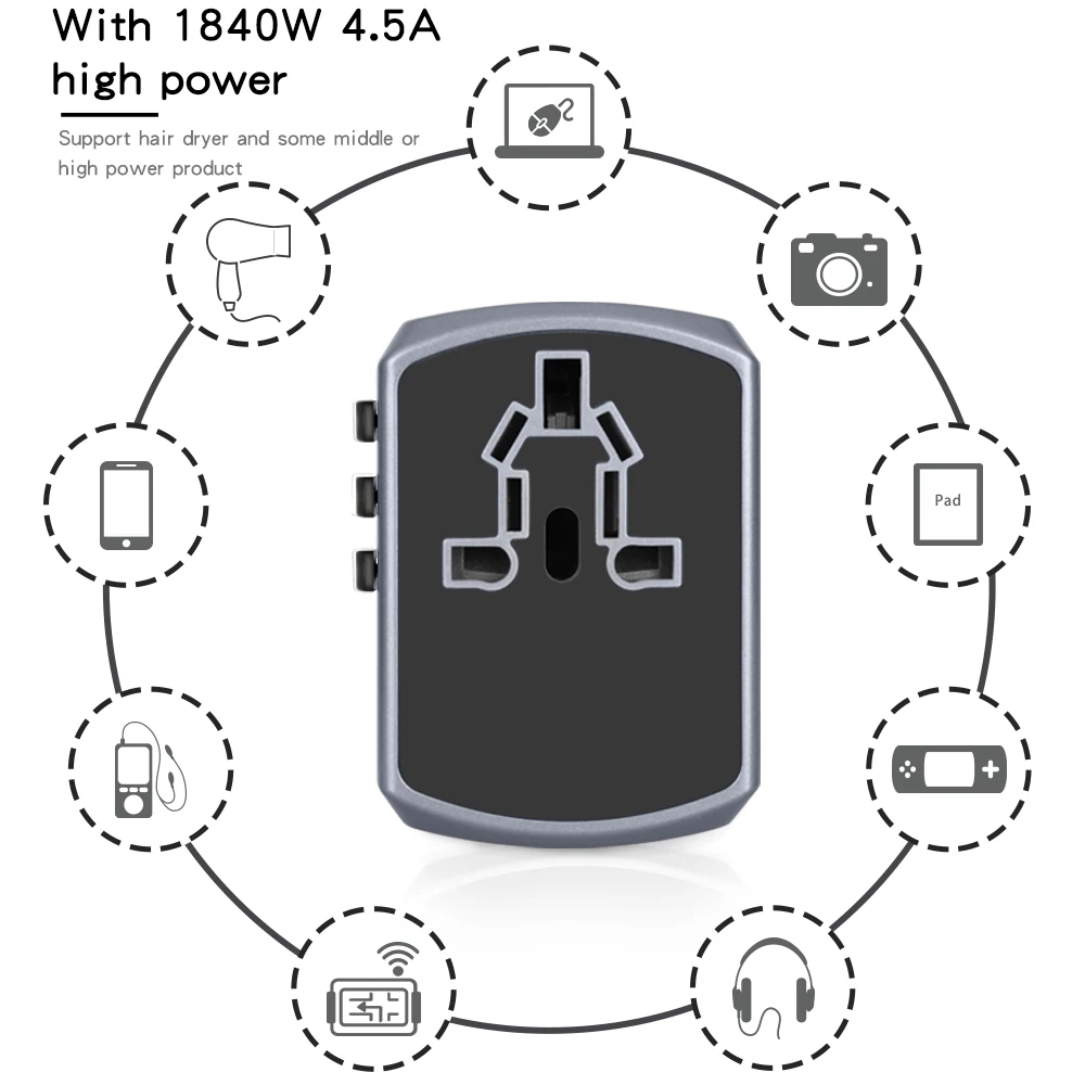International travel adapter and 4USB port 3400mA world fast charger socket