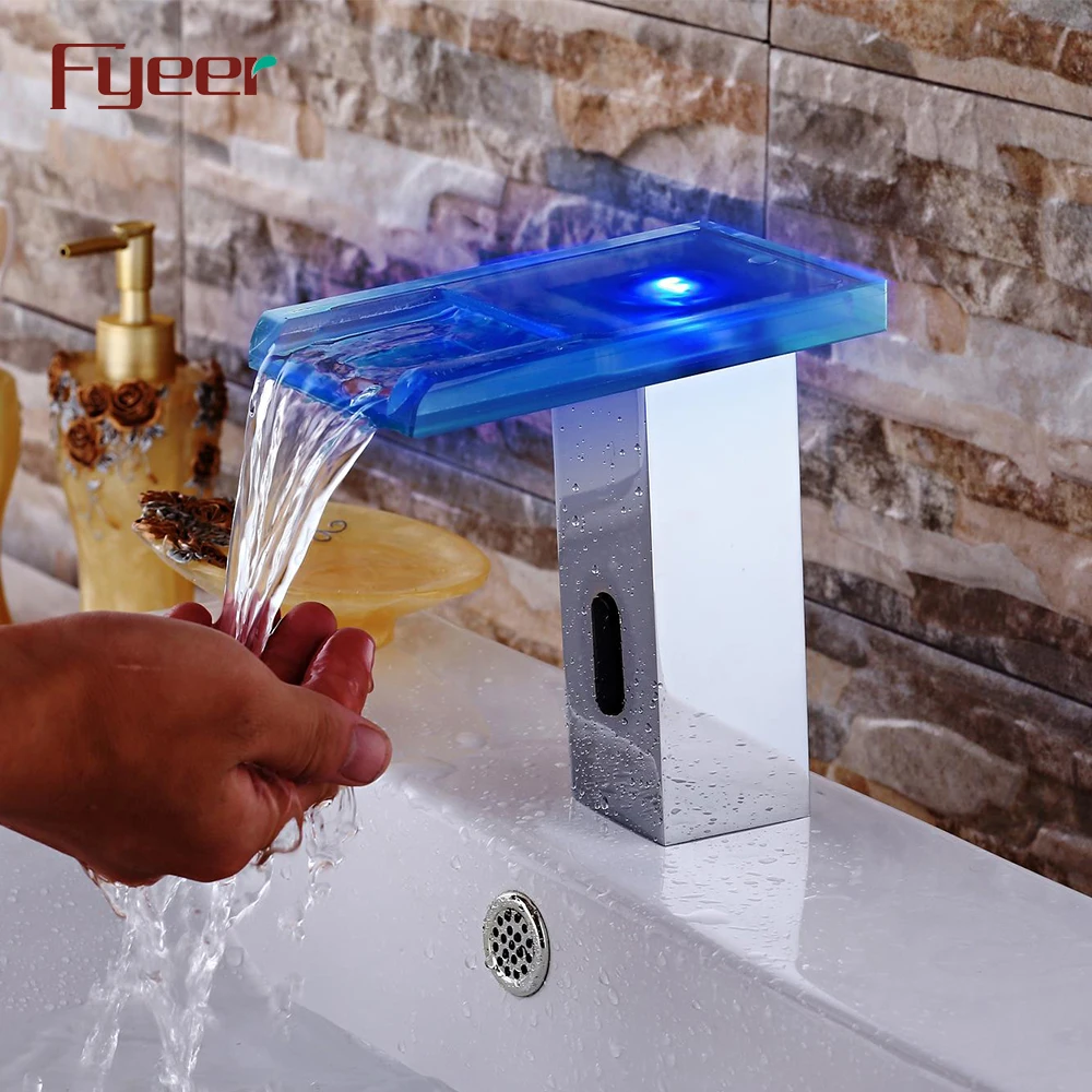 Fyeer 2015 New Attractive Hydro Power Glass Spout Waterfall Touchless Automatic Led Sensor Faucet