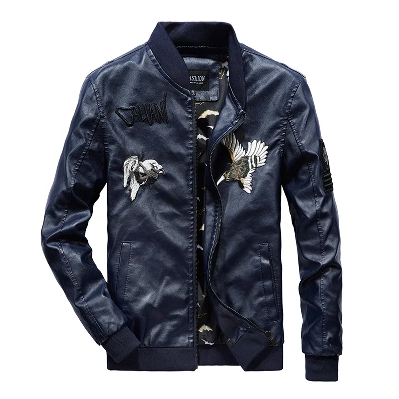 
China Urban Embroidery Blue PU Leather Jackette For Men 2018 