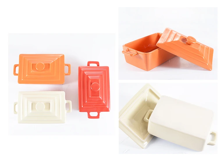 Rectangle Ceramic Ramekin Bowls Kitchen Creme Brulee Ramekins Restaurant Dessert Bowl with Lid And Double Handles