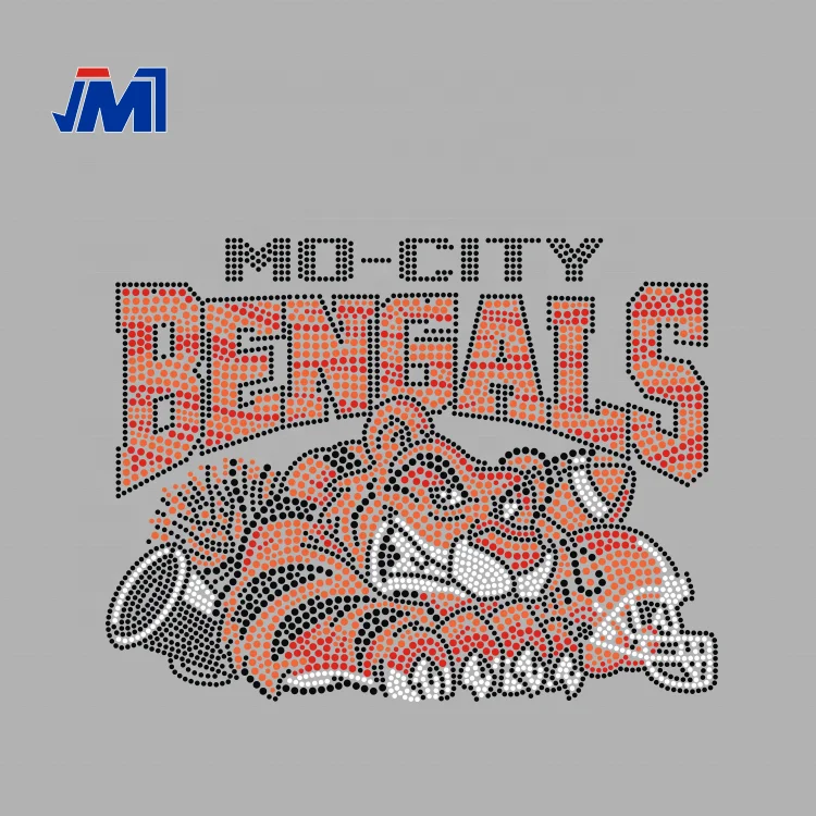 JMT Custom Rhinestone Transfer Bengals Tiger Football Cheer Design Hotfix Motif Press T-shirt Logo Heat Rhinestone Transfer
