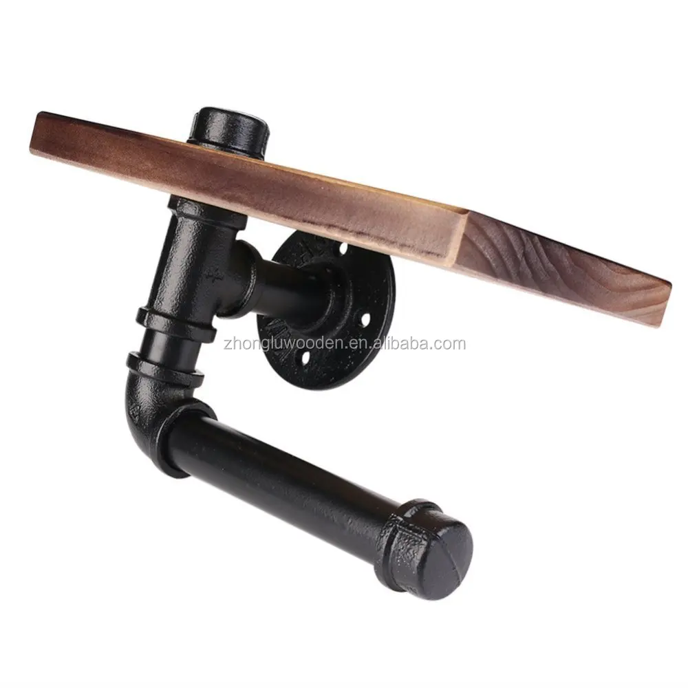 
Industrial Toilet Paper Holder Standing Metal Wall Storage Missingift Tissue Roll Stand with Wooden Shelf 