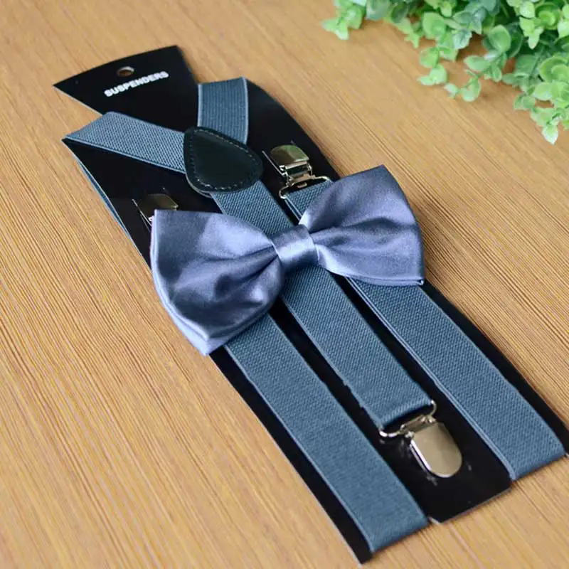 Men adult suspenders  bow tie set coffee suspenders  2.5 cm width 120 cm length 3clips sliver metal pu solid pattern low price