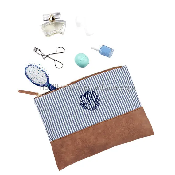 wholesale seersucker monogrammed cosmetic bags
