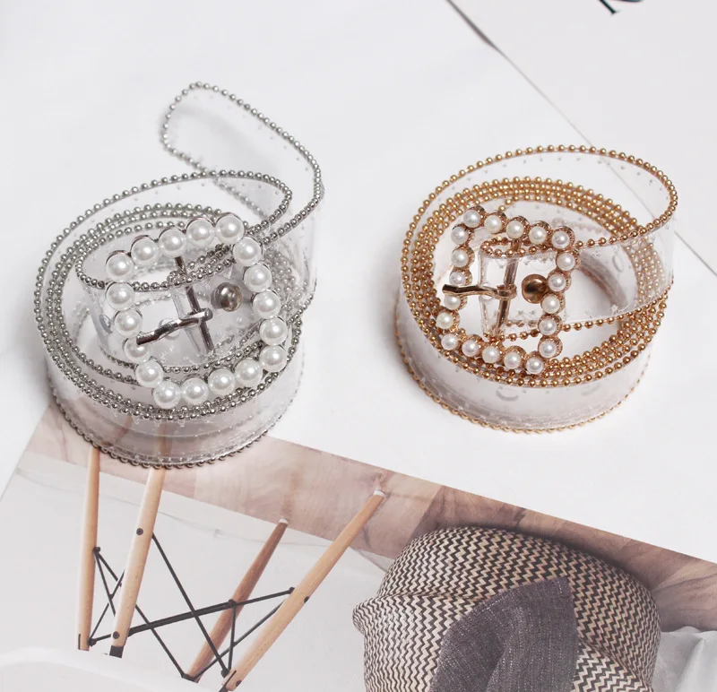 2020 New Fashion Transparent Women Belt Clear Color designer Brand Wide Waist square Lady Pants Belt with luxury pearl buckle