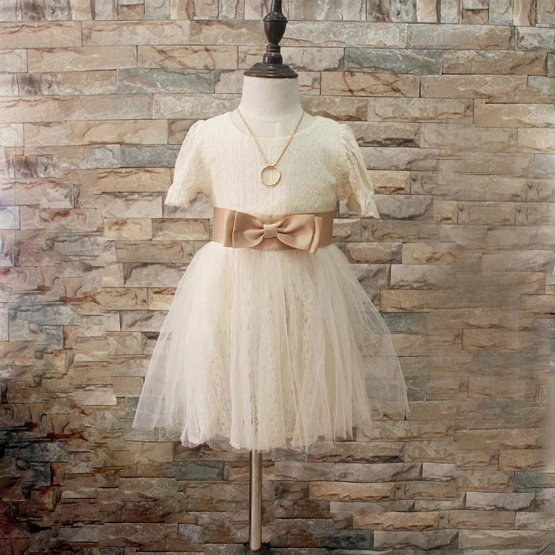 summer knee length white zipper girls bow princess fancy dress children kids clothing dress