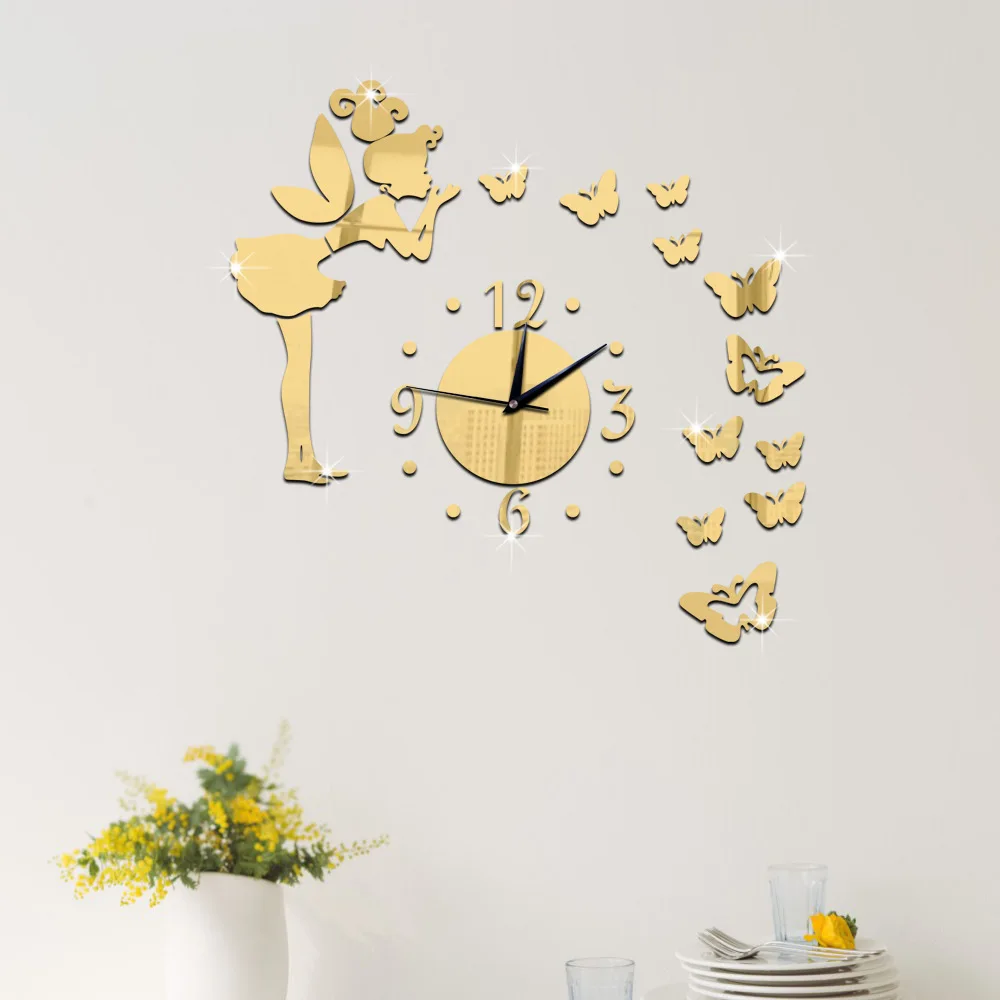 
DIY butterfly fairy room decoration acrylic wall clock 3d mirror 