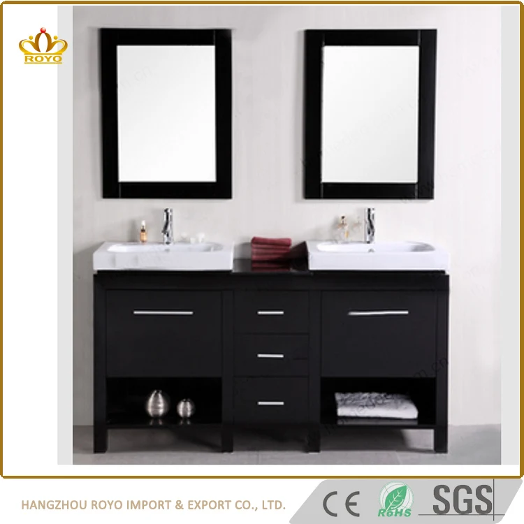 Classical black wooden double sink framed mirror big storage drawers Mdf Vanity Bathroom Cabinets for villa