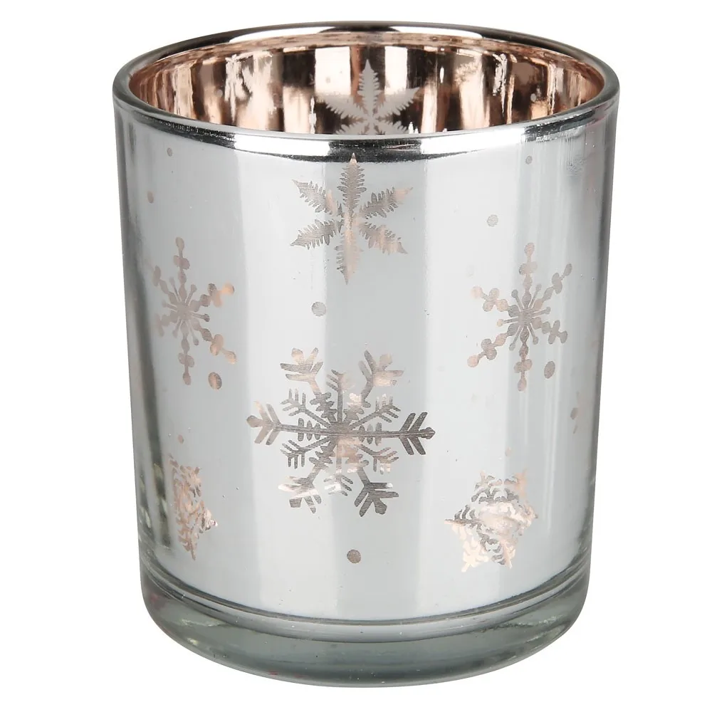 Christmas snowflake silver rose gold glass candle holder jar custom