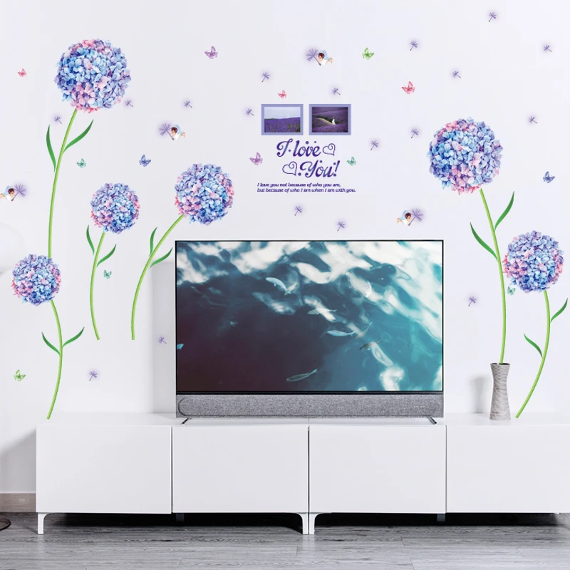 YIYAO Nature Series 3D Purple Dandelion Flower Removable Vinyl DIY Wall Sticker