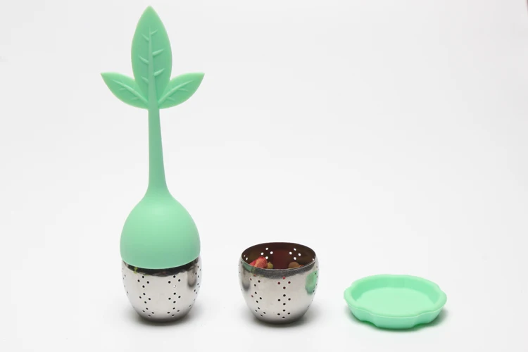 Silicone Loose Tea Infuser Long Leaf Shape Handle 304 Stainless Steel Strainers Reusable Ball Steeper Set Silicon Mat Herbal Tea