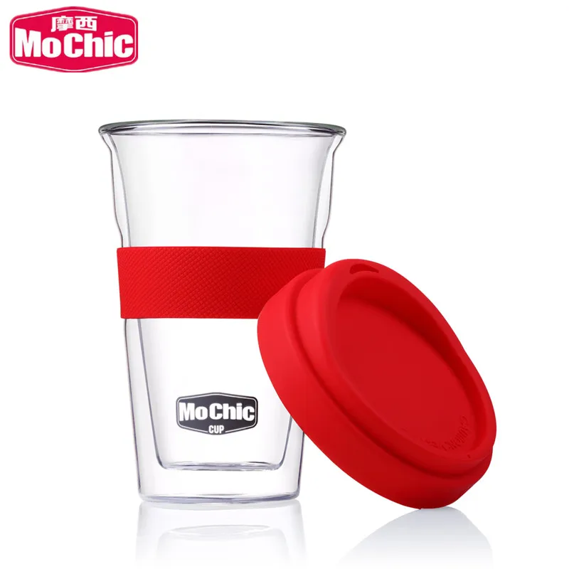 Mochic Custom Reusable 300Ml Insulated Glass Coffee Travel Mug / Heat Resists Glass Handy Cup With Silicon Sleeve And Lid