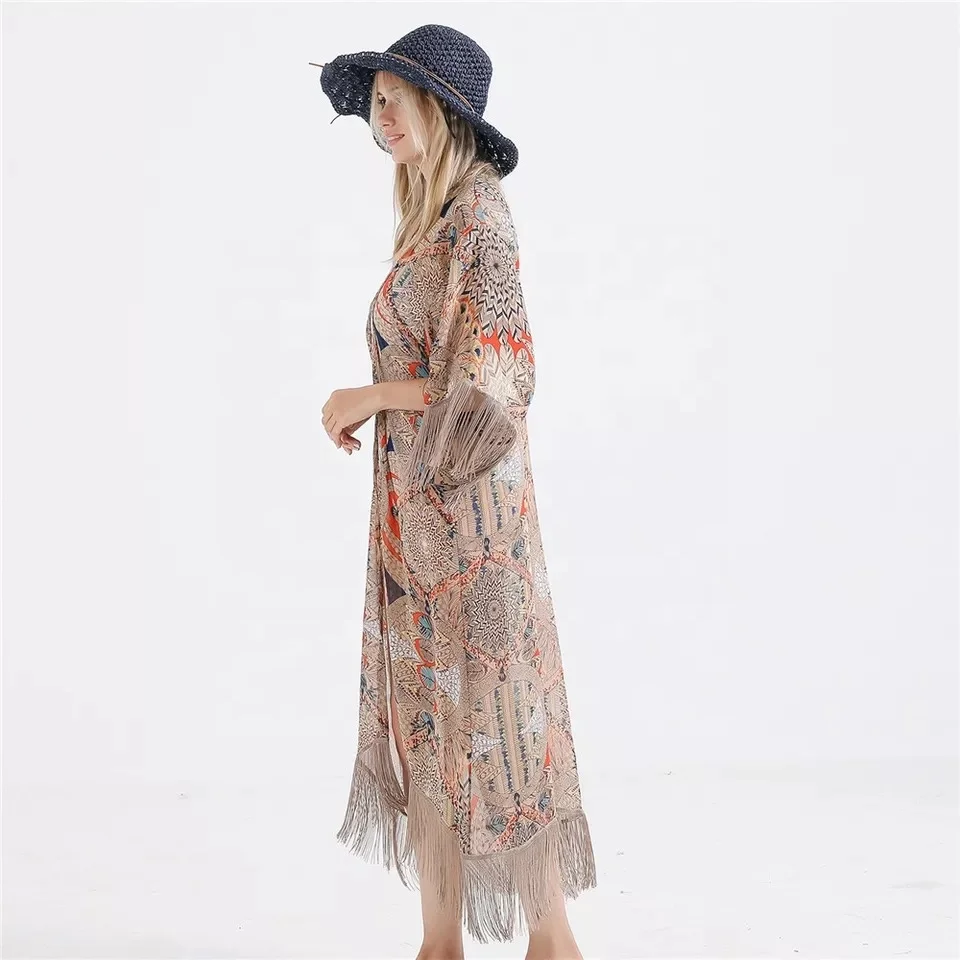 British style printed fringe cover up beachwear kaftan beachwear women boho casual dress