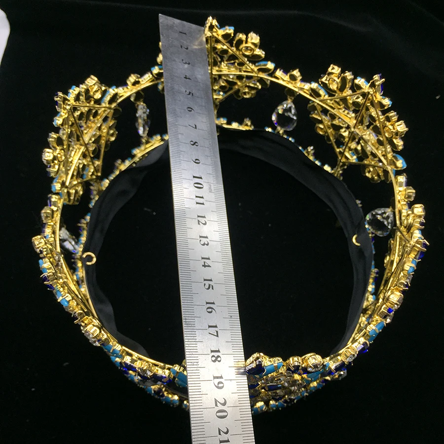Full Round Crown Miss World Tiara Pageant Blue Stone Tall Crown