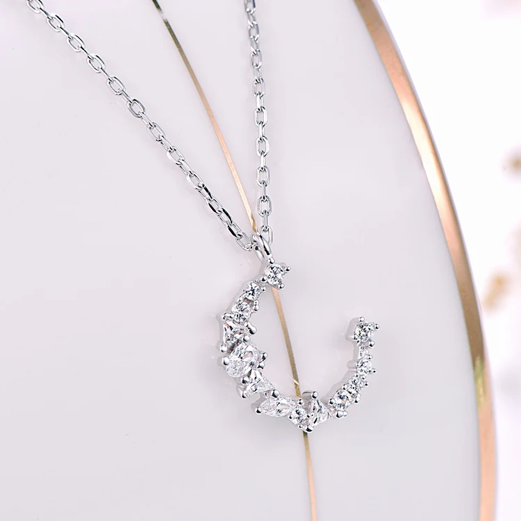 Zircon Crescent Moon Pendant Necklace for Women 925 Sterling Silver Jewelry