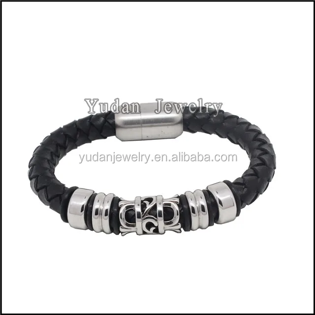 Yudan Jewelry Titanium Steel Cross Religious Jewelry Leather Bracelet