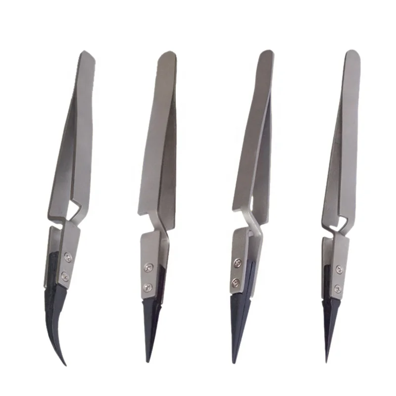 ESD reverse action tweezers straight and curved replaceable top anti-static tweezers