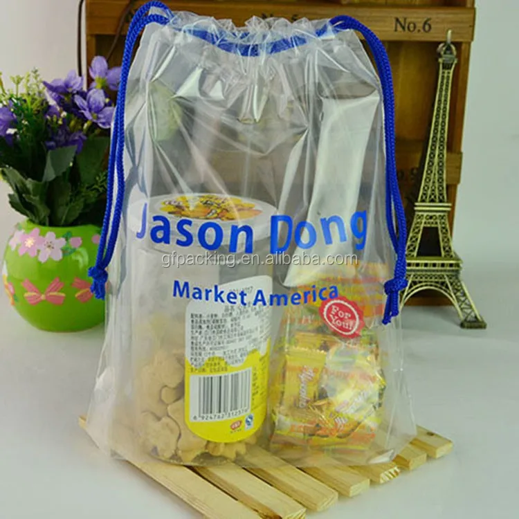 Пользовательский водонепроницаемый прозрачный пластиковый полиэтиленовый мешок на шнурке с принтом